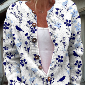 Vynora™ | Cardigan Vintage com Estampa Floral de Pássaros e Botões na Frente