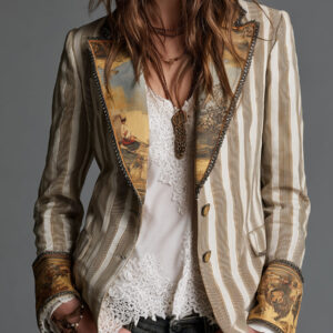 Blazer Feminino Boho Listrado Estampado com Lapela II