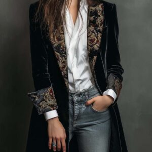 Blazer Slim Fit Preto com Estampa Barroca para Mulheres