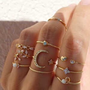 Boho™ | Conjunto de 10 Pares de Anéis em Prata e Ouro