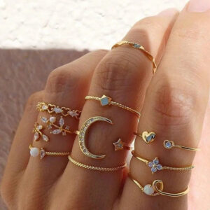 Conjunto de 10 Anéis Boêmios em Prata e Dourado
