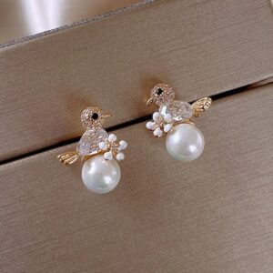 Brincos Pássaros Elegantes com Zircônias e Intarsias de Pérolas