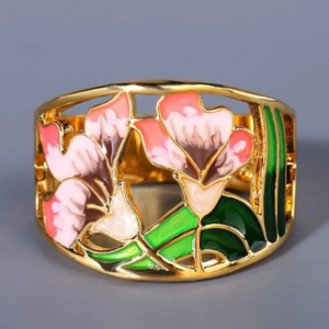 Anel Vintage Dourado com Esmalte Floral