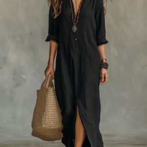 Soline™ | Vestido Maxi Preto Solto com Botões