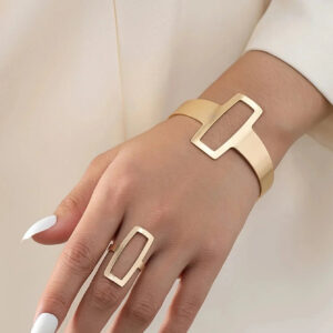 Conjunto de Pulseira e Anel Retangular Geométrico Ajustável