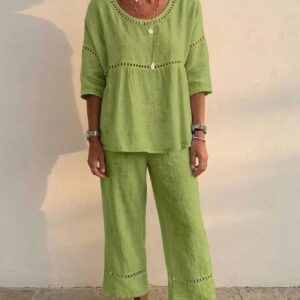 Marielle | Conjunto de Linho Macio em Duas Peças com Detalhe em Renda
