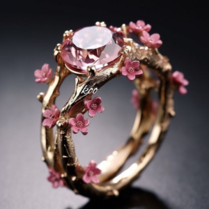 Deslumbrante anel de ouro com cristal rosa e delicadas flores