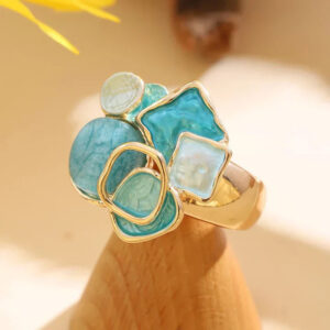 Anel Sofisticado em Esmalte Azul e Branco
