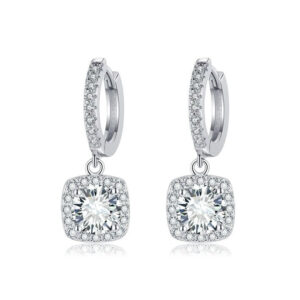 Brincos de Moissanite em Forma de Gotinha com Halo Quadrado | Ouro Branco 16k